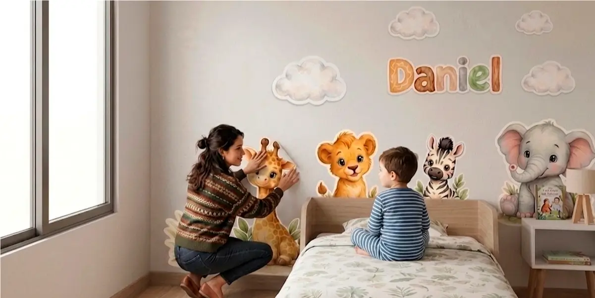 Niño con vinilos listos para pegar en cuarto
